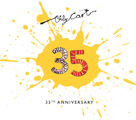 The number 35 is coloured in felt tip pen, in the middle of a big splat of yellow paint against a white background. Above is the Oily Cart logo, below is the text '35th Anniversary'