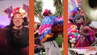 Panel of three photos, separated by orange bars. The photos show three musicians, each in colourful costumes, performing during Doorstep Jamboree.