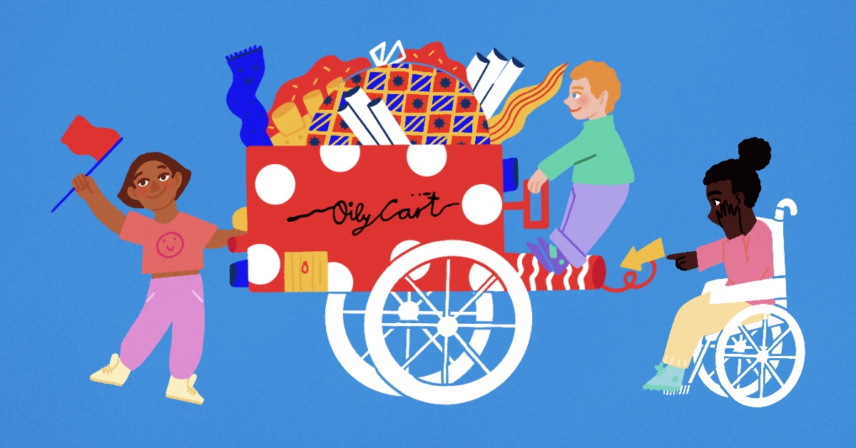 Illustration on a blue background. Children interact with a red and white spotted cart, stuffed with colourful sensory items. Image from The Cart, credit Ananya Rao-Middleton
