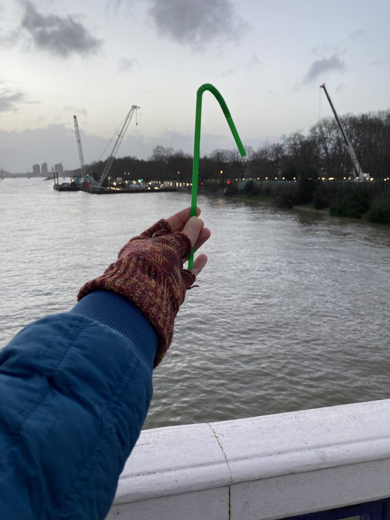 Outstretched arm wearing blue jacket and orange fingerless glove holds a green biodegradable straw, bent at the neck. Its shape reflects the shape of cranes in the background, across a river.