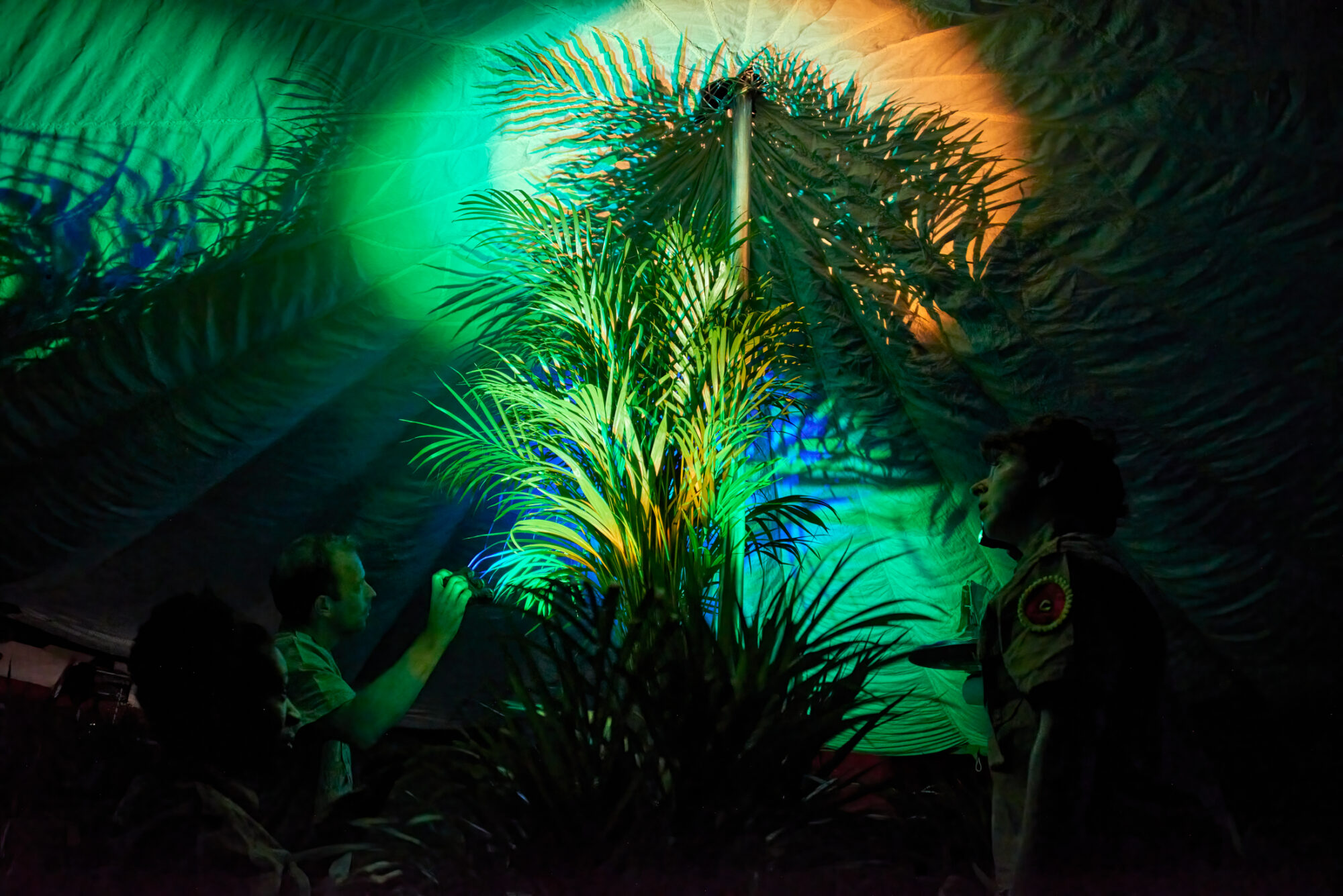 Two performers in a dimly lit tent. They hold their torches up towards plants encircling the tent pole, casting shadows onto the textured roof,.
