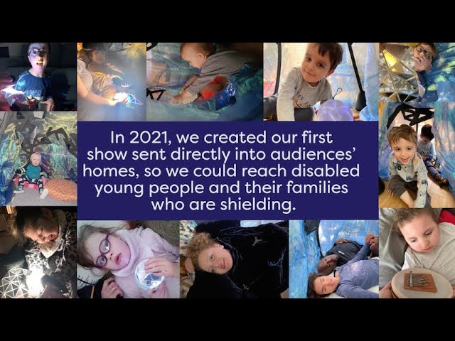 Still from Youtube video. White text against a purple background that reads: In 2021, we created our first show sent directly into audiences' homes, so we could reach disabled young people and their families who are shielding. Around the text are pictures of young people experiencing Space to Be at home.