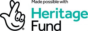The National Lottery Heritage Fund logo. On the left is a the outline of a hand, with crossed fingers. Text to the right reads 'Made possible with Heritage Fund'. The hand and text are black except for the word 'heritage' which is teal.