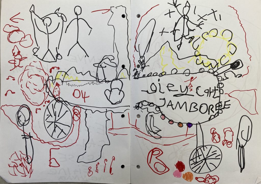 Drawing in black, red and yellow pen by Mark. In the middle is a Cart with the words "oily cart jamboree" and "04" in the centre. There are two cart wheels. At the top are drawings of people dancing. There are other abstract and sensory images around the page that give a feeling of movement.