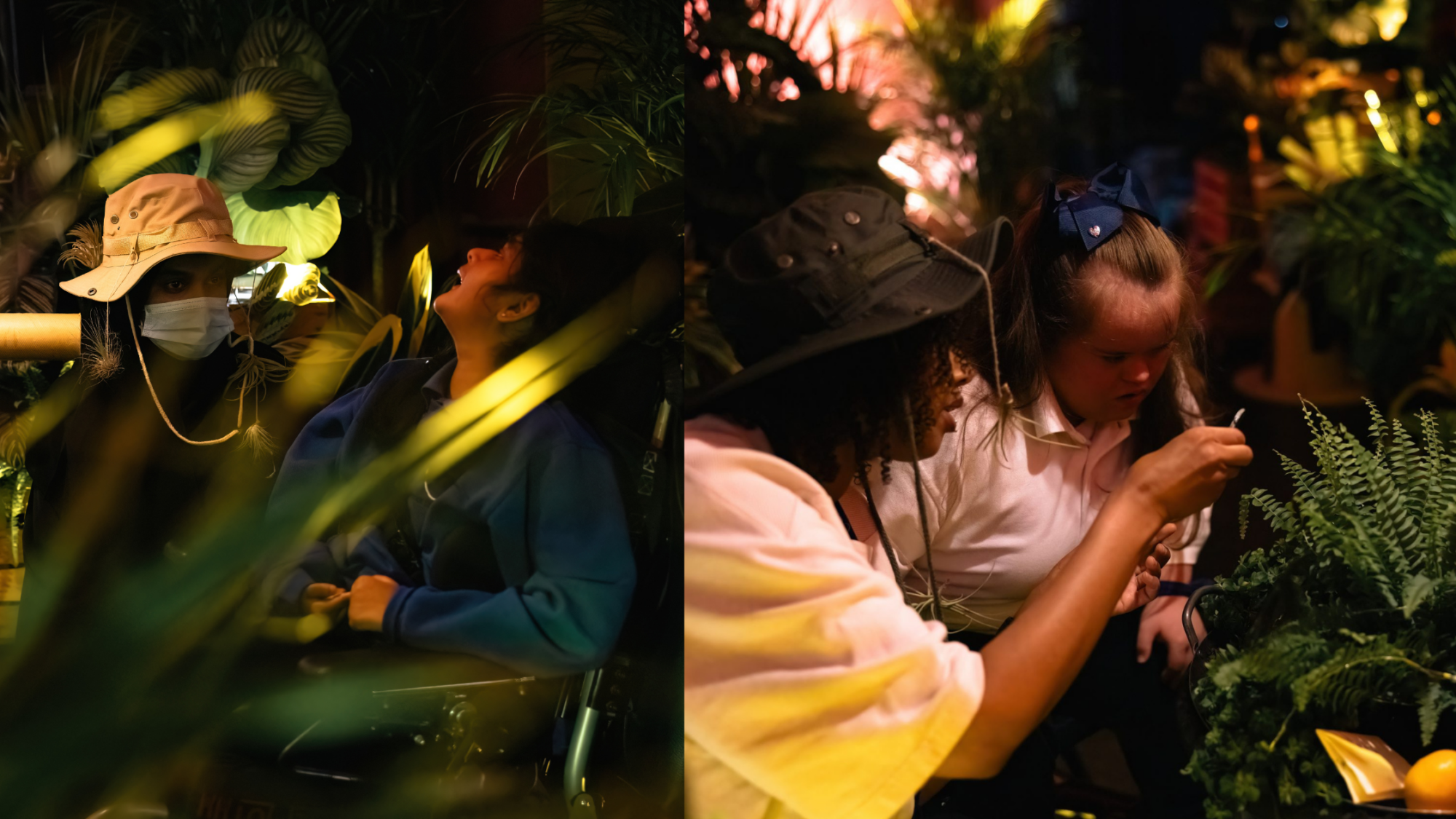 Two photos of audiences in A World Beneath Us. In Photo 1, a child and adult are pictured through leaf fronds in the When the World Turns tent. In Photo 2, a child and adult are next to a metal bin filled with plants. The adult holds a mirror up to the young person who is gazing into it. In the background, other plants in the tent are visible.