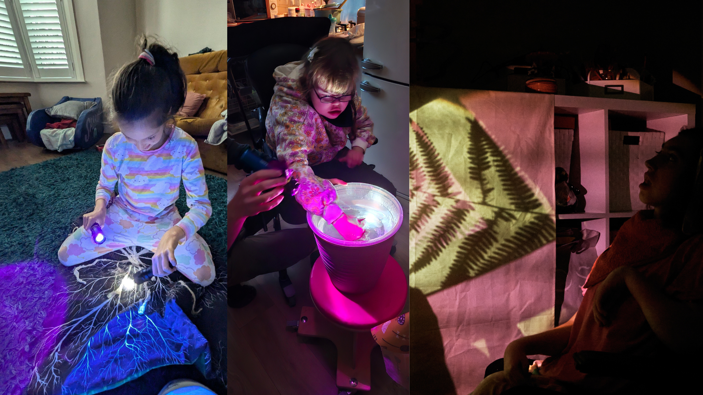 A panel of 3 photos of families experiencing A World Beneath Us. Photo 1 is a girl shining a torch on the mycelium mat. Photo 2 is a girl reaching into a bowl of water which is illuminated by a torch underneath. Photo 3 shows the a young person in a darkened room, looking at a coloured shadow of leaves projected on a sheet.