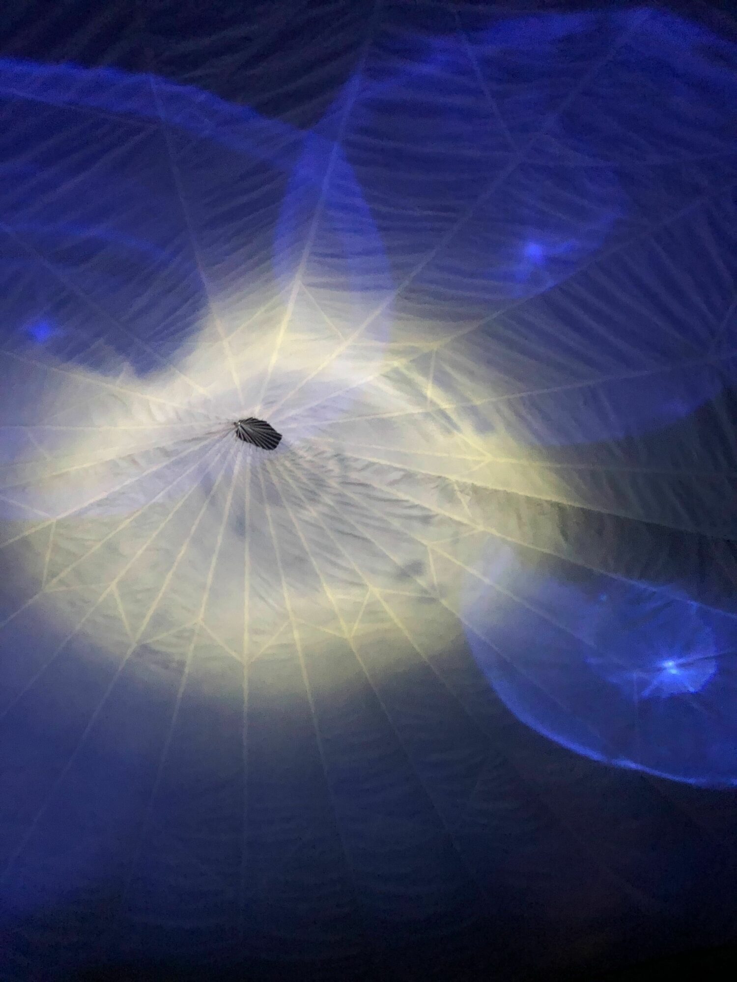 The When the World Turns white canopy roof. Unseen bowls of illuminated water below have cast circles of dappled, rippling light above. There is a yellow circle in the centre, with a ring of blue circles around the outside.