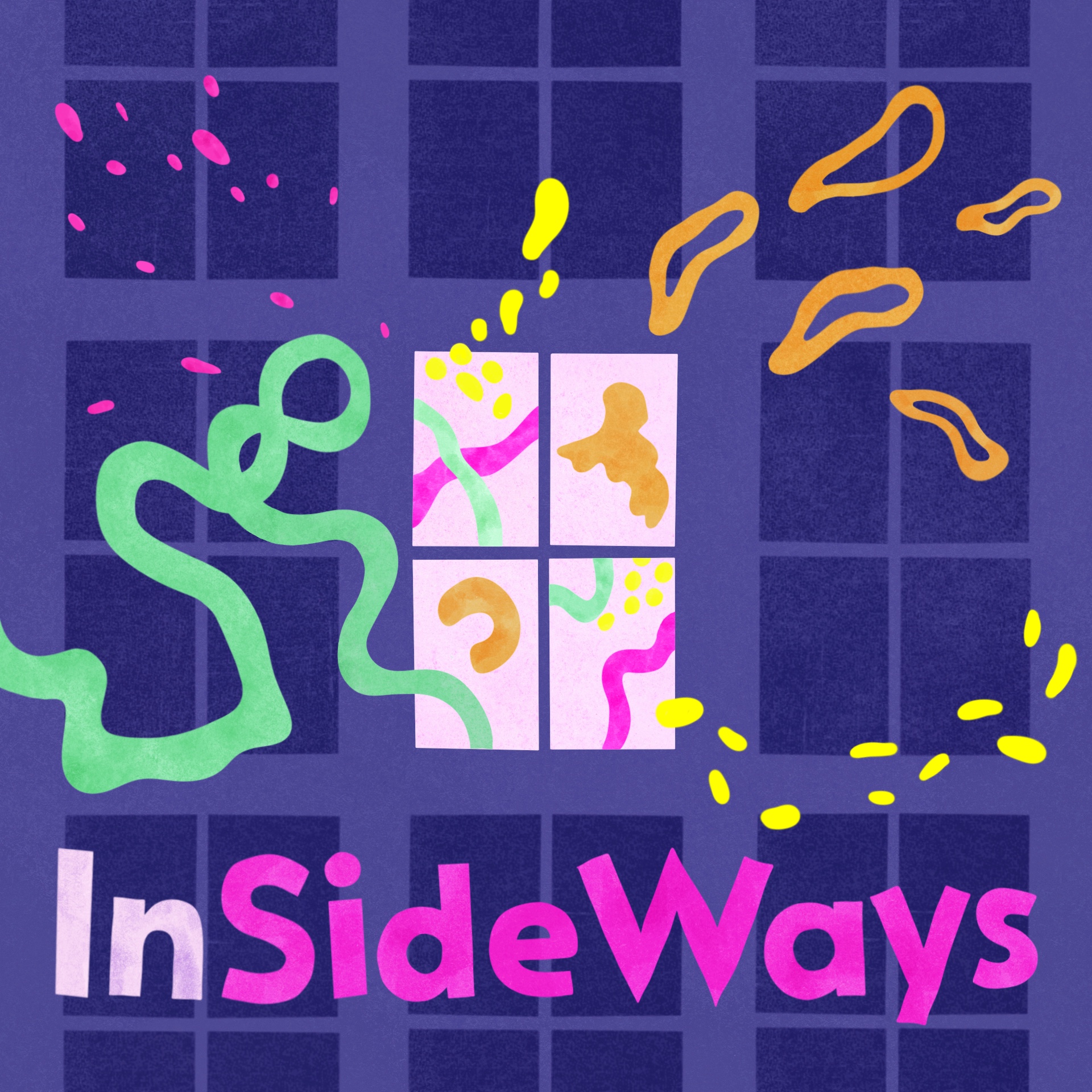 The windows of a dark purple block of flats. All the lights are off - except one. Wiggly, colourful shapes are visible inside, and some are even bursting out of the window. Underneath, pink, slightly wonky, text reads: InSideWays.