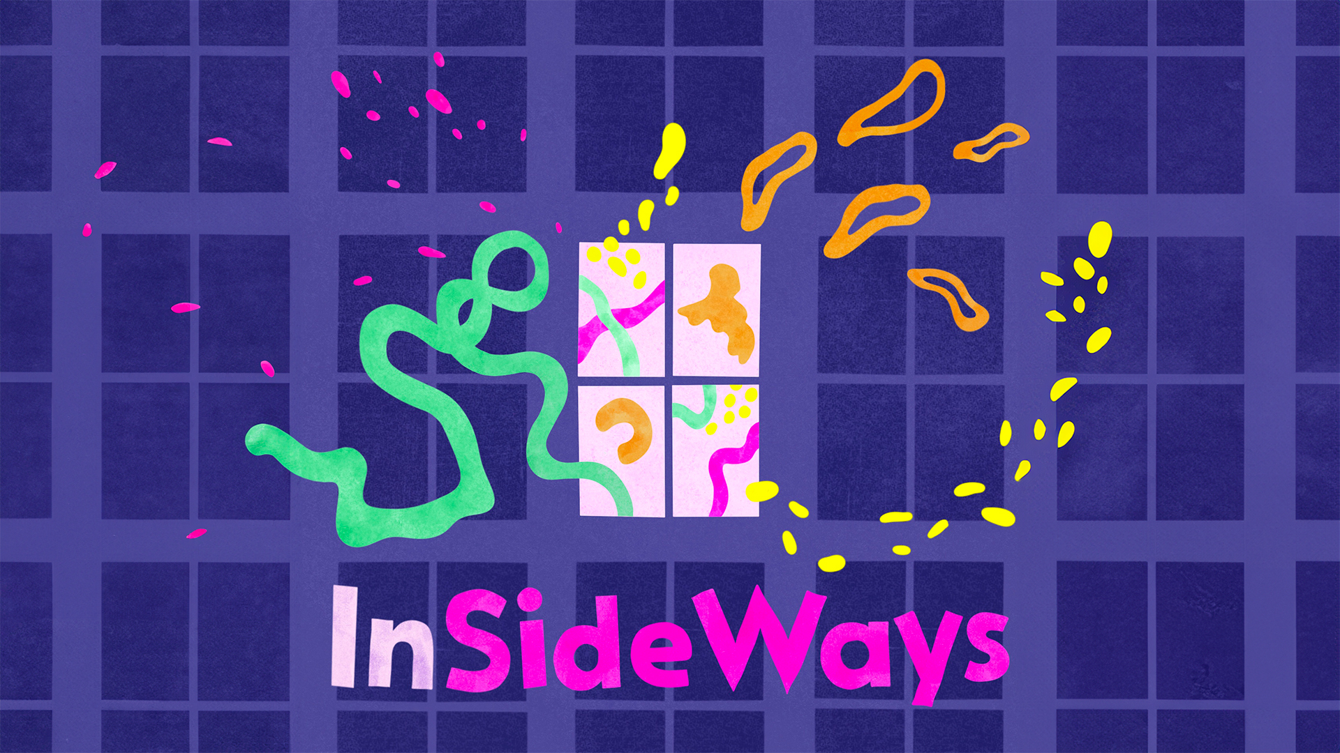 The windows of a dark purple block of flats. All the lights are off - except one. Wiggly, colourful shapes are visible inside, and some are even bursting out of the window. Underneath, pink, slightly wonky, text reads: InSideWays.