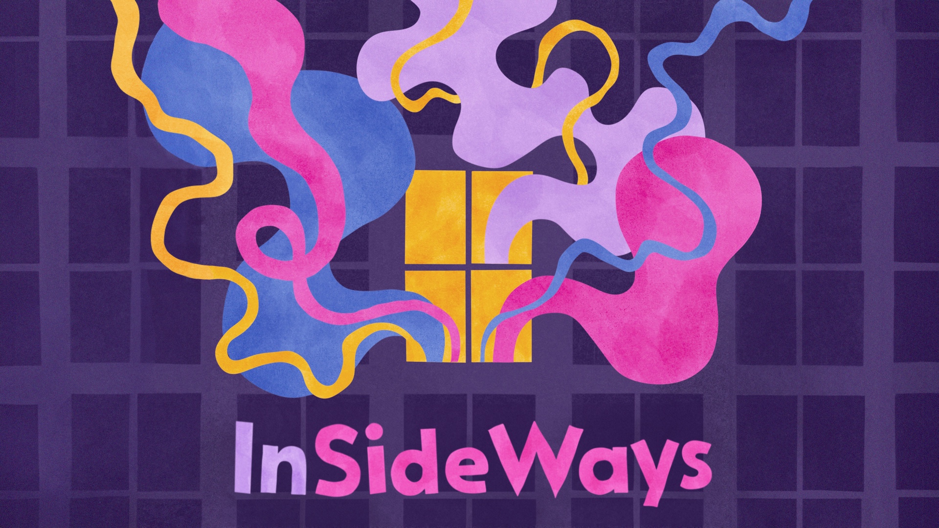 Wiggly ribbons and curling trails in blue, pink, lavendar and yellow escape from a brightly lit window. It is surrounded on all sides by dark puple windows, like a block of flats. Slightly lopsided cut-out text at the bottom reads InSideWays. The 'In' is purple and 'SideWays' is pink, and the beginning of each word is capitalised, visually suggesting the title's double meaning.