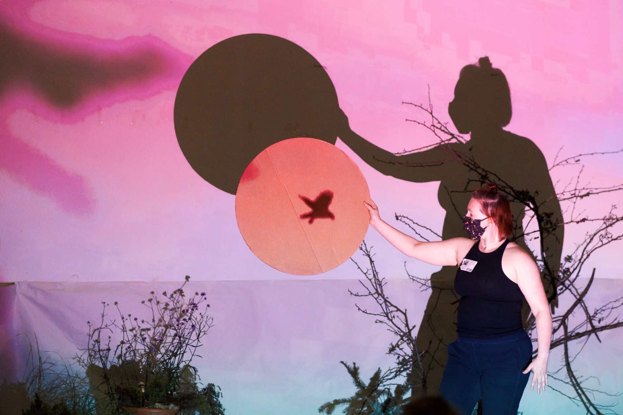 An extended arm holding a circle of brown cardboard. The shadow of a bird in flight is projected onto the card. Behind them, the wall has been lit with pinks, purples and blues. The shadow of plants stretch up towards the cardboard circle.