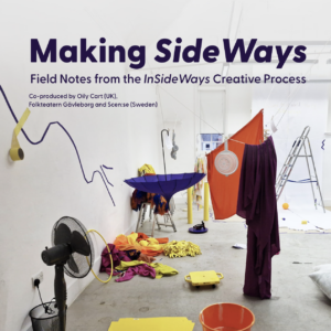 The Oily Cart studio during prep for a family workshop session. Colourful tape is stuck to the walls, umbrellas hang from the ceiling, colourful cushions cover the floor. Text reads: Making SideWays. Field Notes from the InSideWays Creative Process. Co-produced by Oily Cart (UK), Folkteatern Gävleborg and Scen:se (Sweden)