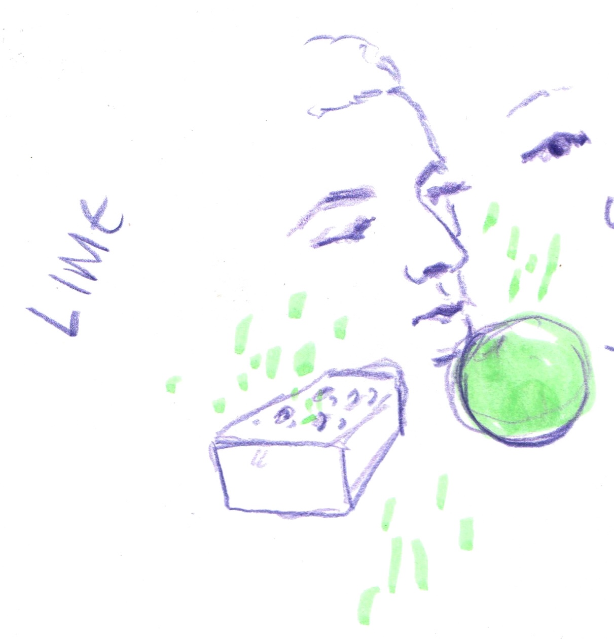 Sketch of a face with a neon green lime and a grater nearby. Bright green flecks, the same shade as the lime, are dotted around the face.